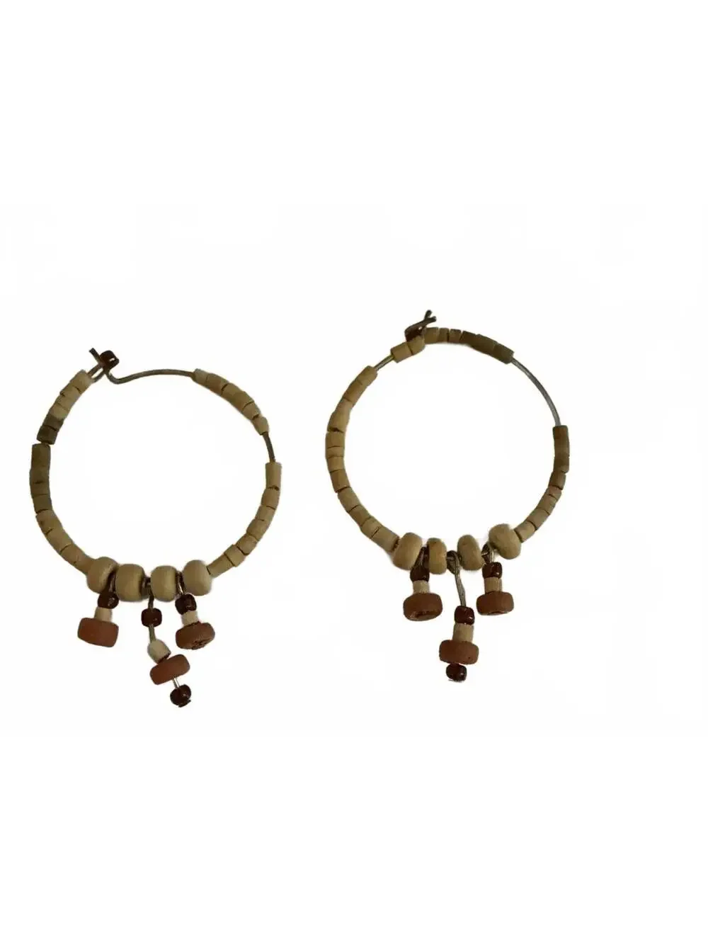 Vintage Handmade Hoop Earrings with Wooden Beads